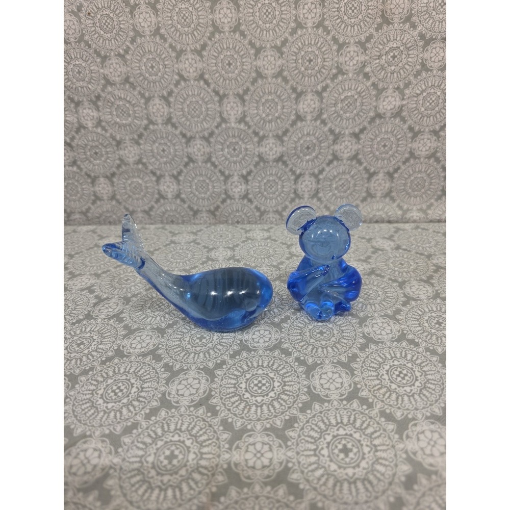 Set of 2 Blue Glass Animal Figurines Whale Koala Paperweight Desk Decor
